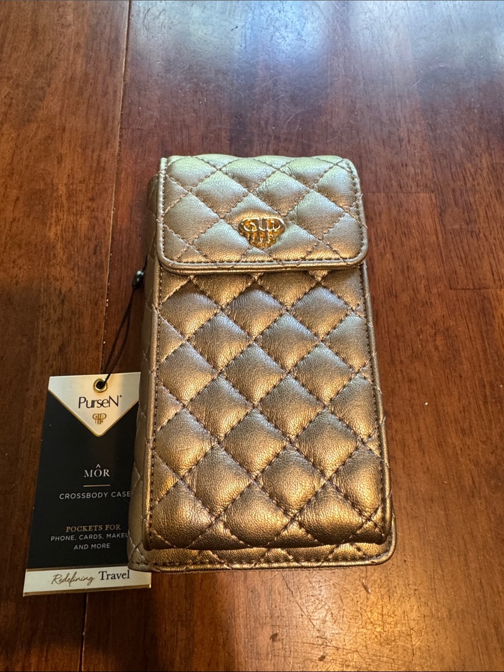 PurseN Quilted Metallic Gold Crossbody Phone Case with Flap and Logo